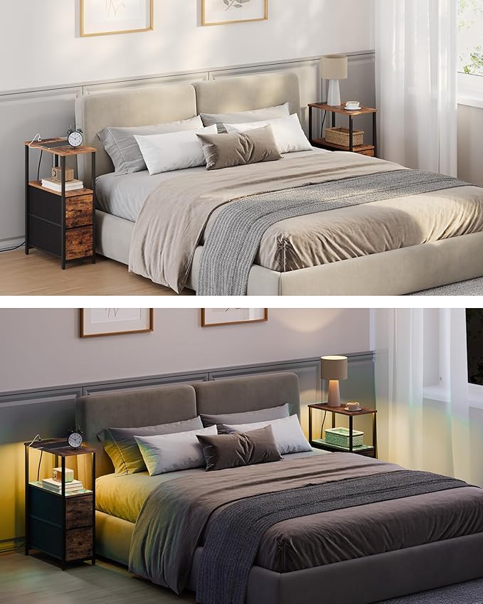 TUTOTAK Small Narrow LED End Table with Charging Station, Side Table Outlets, Nightstand with 2 Cloth Drawers, Couch Table, for Living Room, Bedroom, Bedside, Brown TB01BB085L