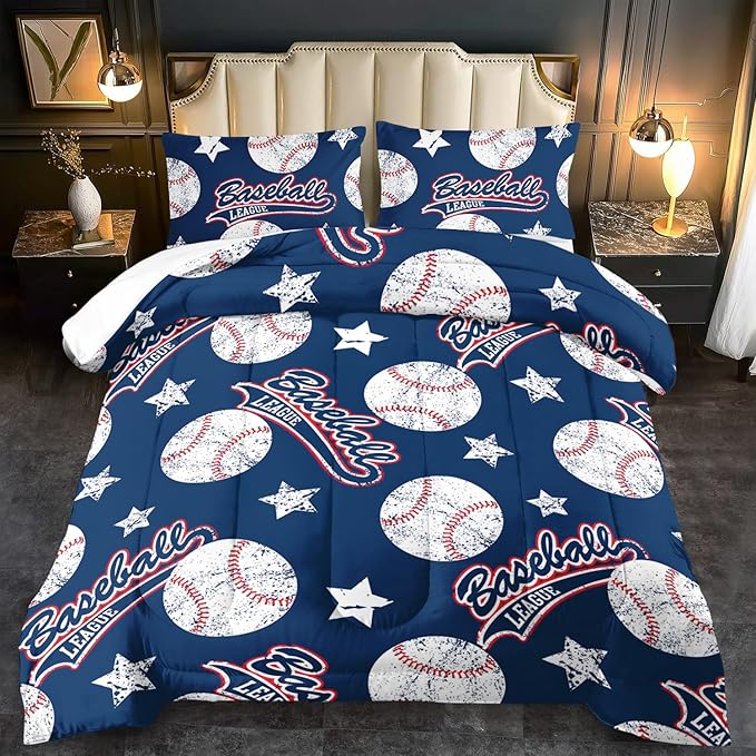 Baseball Comforter Set Twin,Sports Bedding Sets for Boys,Blue Sports Comforter Twin Bedroom Decor,Baseball Bedding Teen for All Seasons,Blue Quilt Kids Bedroom Decor