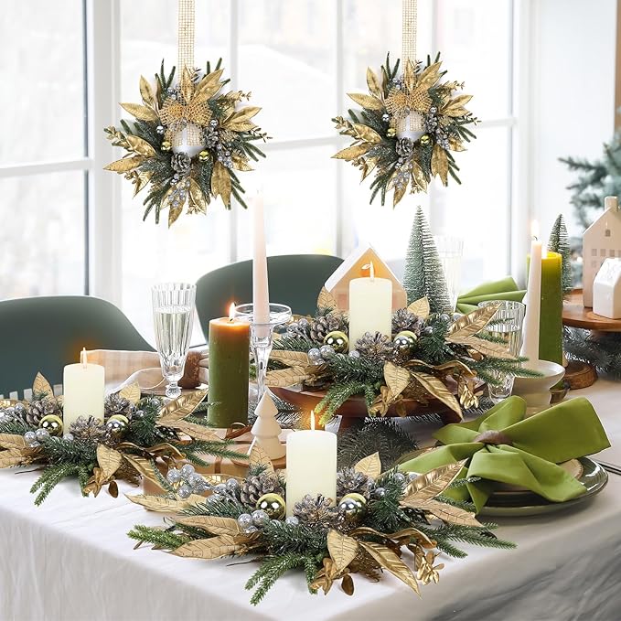 6 Pcs 9 Inch Christmas Wreaths for Kitchen Cabinet Artificial Pine Hanging Cedar Wreath with Christmas Balls Golden Twigs and Silver Berries for Front Door Xmas Winter Farmhouse Home Decorations