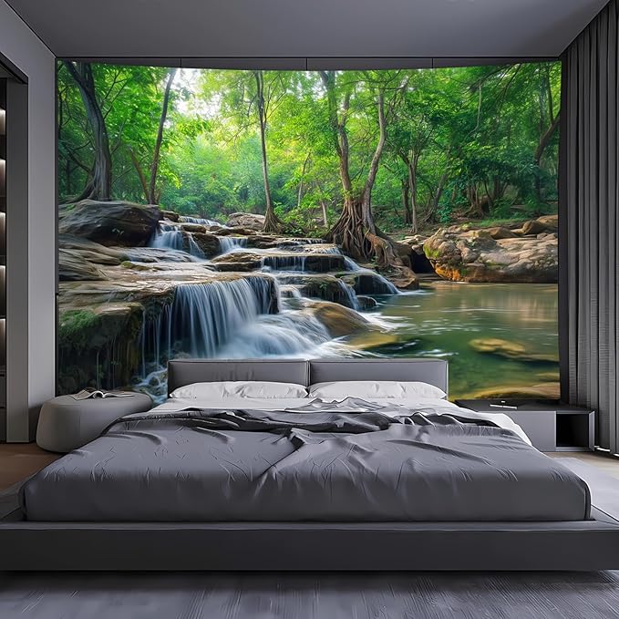 BSFHH Nature Tapestry Forest Tree Sea Cave Wall Hanging, Stream Through Rainforest Landscape Wall Art Tapestry for Bedroom Living room (Creek, 90"×70", Unframed)