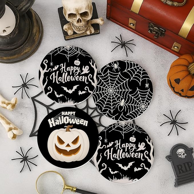 Coaster for Drinks Set of 6, Happy Halloween Pumpkin Spider Web Black Absorbent Round Ceramic Stone Mat, with Cork Base and Metal Holder, Gift for Housewarming Room Bar Decor