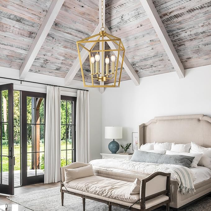 Farmhouse Chandelier 4-Light, Gold Pendant Light Fixture for Kitchen Island Dining Room, Lantern Industrial Lighting Ceiling Hanging with Metal Cage Adjustable Height for Entryway Foyer