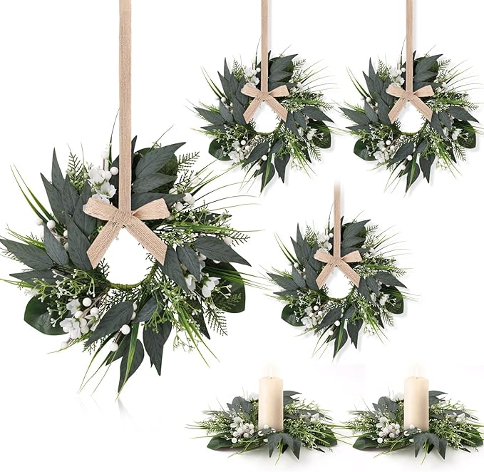 6 PCS Spring Wreaths for Front Door Green Wreath with White Flower Artificial Green Wreath with Ribbon for Pillar Front Door Porch Wall Window Farmhouse Decoration All Seasons