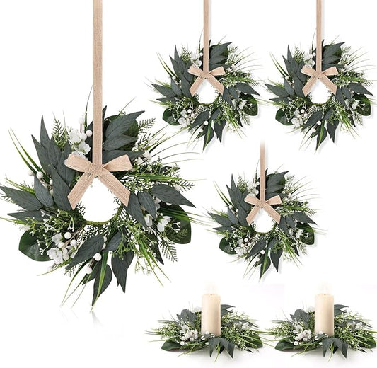 6 PCS Spring Wreaths for Front Door Green Wreath with White Flower Artificial Green Wreath with Ribbon for Pillar Front Door Porch Wall Window Farmhouse Decoration All Seasons