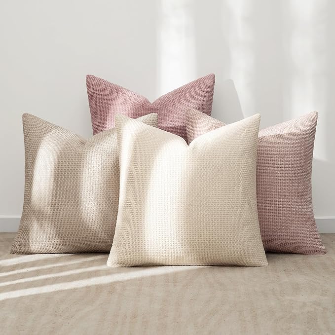 MIULEE Pack of 4 Couch Throw Pillow Covers 18x18 Inch Neutral Pink Cute Decorative Chenille Pillow Covers Farmhouse Boho Accent Cushion Covers for Coquette Room Decor Spring Sofa Bedroom Living Room