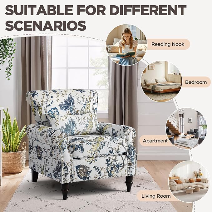 Wingback Accent Chair with Removable Pillow, High Back Floral Armchair with Solid Wood Legs & Nailhead Trim, Comfy Upholstered Reading Single Sofa Chair for Bedroom (1, Blue Floral Pattern)