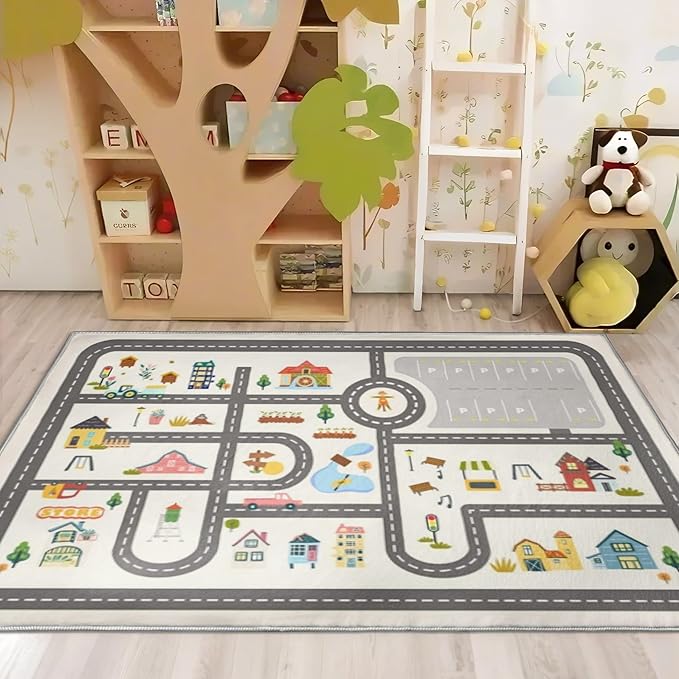 5x7ft Kids Town Road Play Rug - Non-Slip Faux Wool Carpet with Interactive City Map Design, Educational Toy Vehicle Mat for Kids, Bedroom Playroom Nursery Gift.