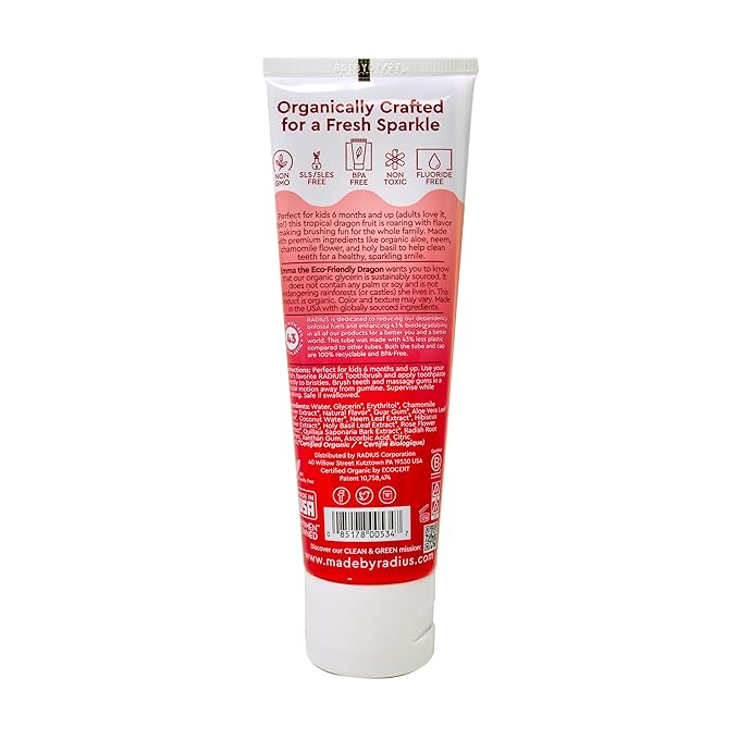 RADIUS USDA Organic Kids Toothpaste 3oz Non Toxic Chemical-Free Gluten-Free Designed to Improve Gum Health for Children's 6 Months and Up - Dragon Fruit - Pack of 6