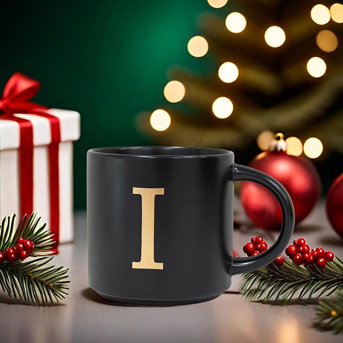 COLLECTIVE HOME - Monogram Ceramic Mugs, 15 oz Golden Initial Black Coffee Cups, Elegant Alphabet Tea Mugs, Elegant Personalized Mug with Gift Box, Unique Mug with Double Side Capital Lette (I)