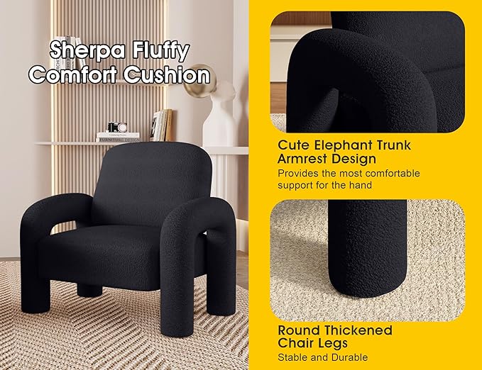 Modern Sherpa Accent Chair, Teddy Upholstered Arm Single Sofa, Cozy Fluffy Reading Chair for Living Room, Bedrooms, Corner (Black)