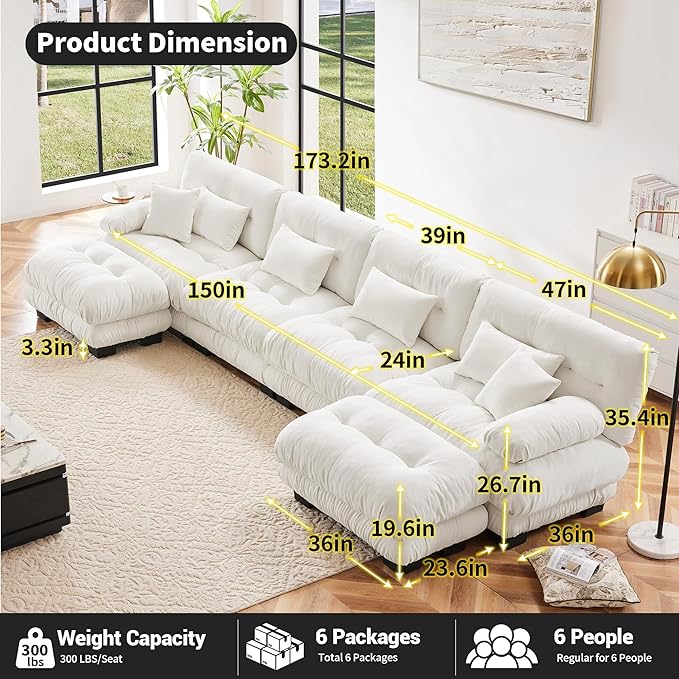 U Shaped Couch Sectional Couch, 4-Seater Cloud Couch Sectional Oversized Couch, Sofa Bed Couch with Round Bolster Armrests 6 Pillows, Modular Couch Home Sofa Living Room Couch(White)