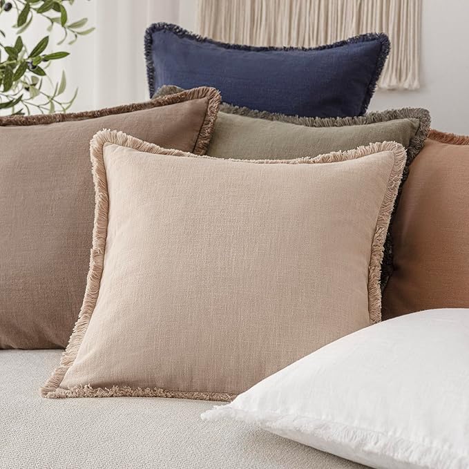 Foindtower Decorative Linen Fringe Throw Pillow Covers Cozy Boho Farmhouse Cushion Cover with Tassels Soft Accent Pillowcase for Chair Sofa Bed Living Room Home Decor, 12×24 Inch, 1PC,Tan Beige