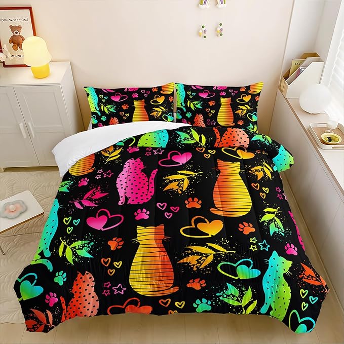 Kawaii Cat Animal Comforter 3Pcs Full Lovely Pet Cat Bedding Set for Kid Teen Girl Boy Adult Room Decor Cartoon Kitten Paw Heart Bamboo Leaf Pattern Quilt with 1 Comforter and 2 Pillowcases