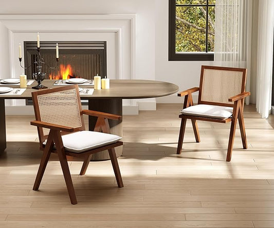 Rattan Dining Chairs Set of 2, Farmhouse Wicker Dining Chairs with Removable Linen Cushion Accent Cane Armchair for Dining Room Kitchen Restaurant, Walnut