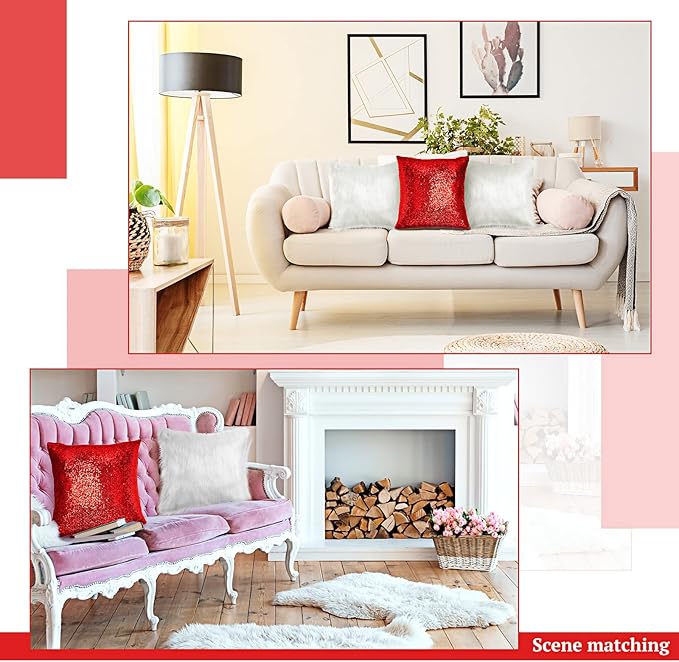 Irenare 4 Pcs Sequin and Fluffy Pillow Covers Winter Throw Pillow Cases Soft Cushion Cover for Couch Bed Sofa Xmas Day(18 x 18 Inch,Red, White)