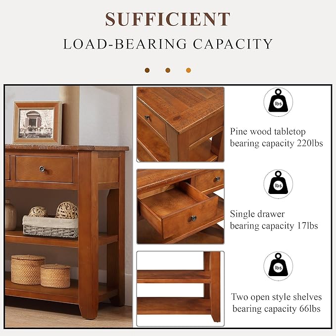 Solid Wood Console Table Entryway Table with Storage Drawers and Bottom Shelf Sofa Table for Entry Hallway Foyer Sofa Couch Table,Fully Assembled (48.8" Brown)