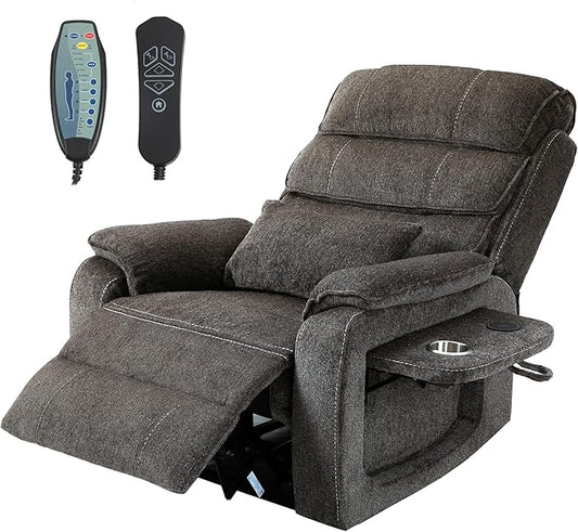 Power Lift Recliner Chair for Adults Elderly Chenille Lay Flat Recliners with Massage Heat, Extended Footrest, Wireless Charging Device, USB Ports, Cup Holder, Lumbar Pillow Up to 400LBS