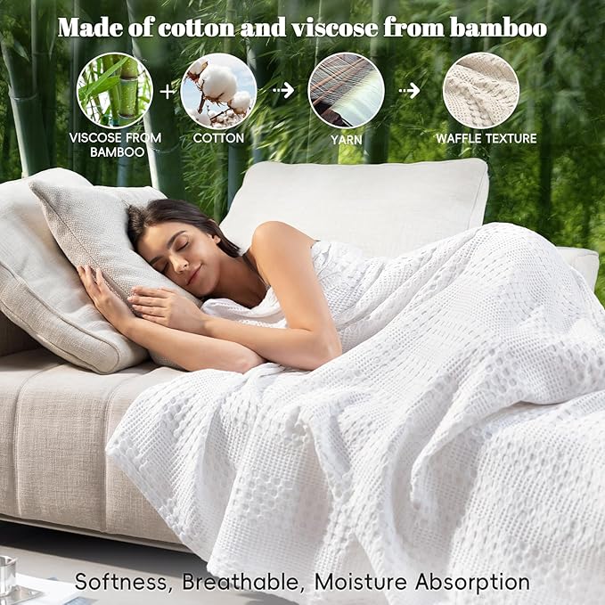 PHF Cooling Waffle Blanket Twin Size, Lightweight 60% Rayon Derived Bamboo & 40% Cotton Breathable Blanket for Hot Sleepers, Soft and Luxury for Bed Couch and Sofa, 66"x90", White