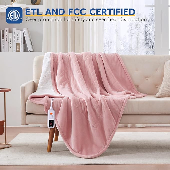 Sealy Electric Blanket Throw Size 50"*60",Super Cozy Flannel to Sherpa Reversible Heated Blanket Throw with 6 Heating Levels & 2-10 Hours Auto Off Overheating Protection Machine Washable,Pink
