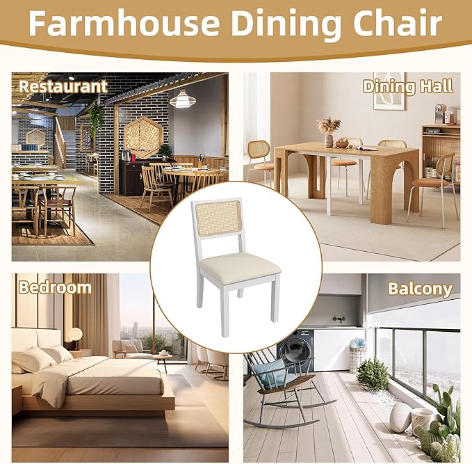 Westice Rattan Dining Chairs Set of 6, Farmhouse Natural Dining Room Chairs with Upholstered Cushion, Wood Armless Chairs for Kitchen/Restaurant, White