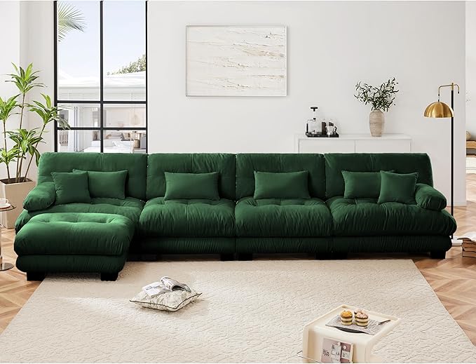 Modular Sectional Sofa, Comfy Cloud Couch 4 Seater Couch with Ottoman, Sectional Couches for Living Room, Modern Chenille L Shaped Couches, Sleeper Deep Seat Sofa with Throw Pillows, Green
