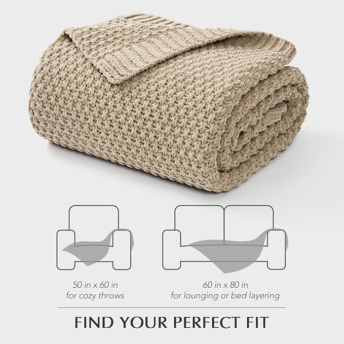 EVERGRACEHOME Chunky Chenille Knit Throw Blanket for Couch, Soft Luxurious Moss Stitch Blankets for Bed, Cozy Decorative Farmhouse Knitted Throws for Sofa, Sand Dune, 60" x 80"