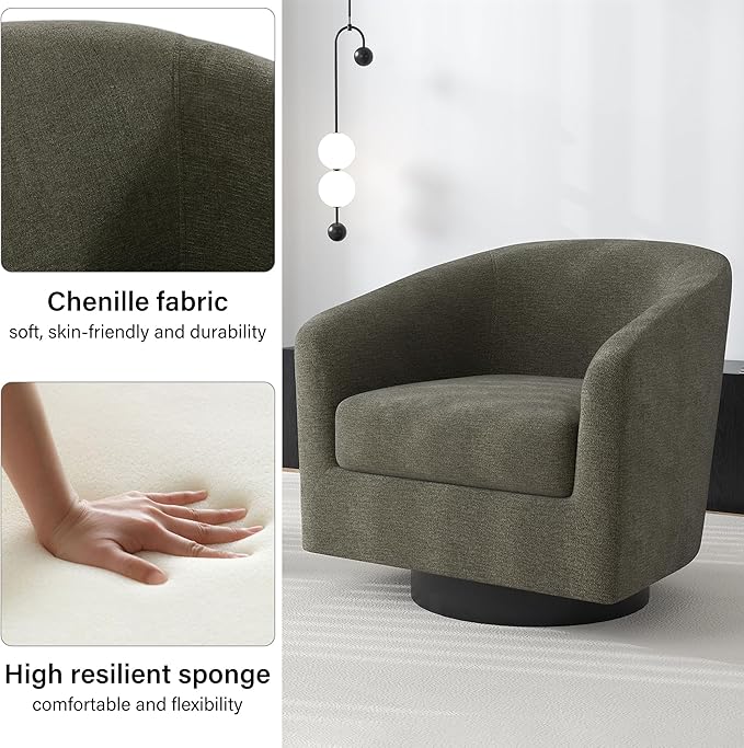 Swivel Barrel Accent Chair, Modern Round Chenille Fabric Arm Chair for Living Room, Bedroom, Comfy Club Reading Chairs for Adults（Chenille Fabric, Tan, Set of 1