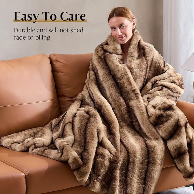 Luxury Faux Fur Blanket - Soft Warm Plush Blankets for Couch Sofa Bed, Fluffy Thick Throws for Bedroom, Office, Living Room, Decorative Reversible, Not Easy to shed - 60"x80", Brown