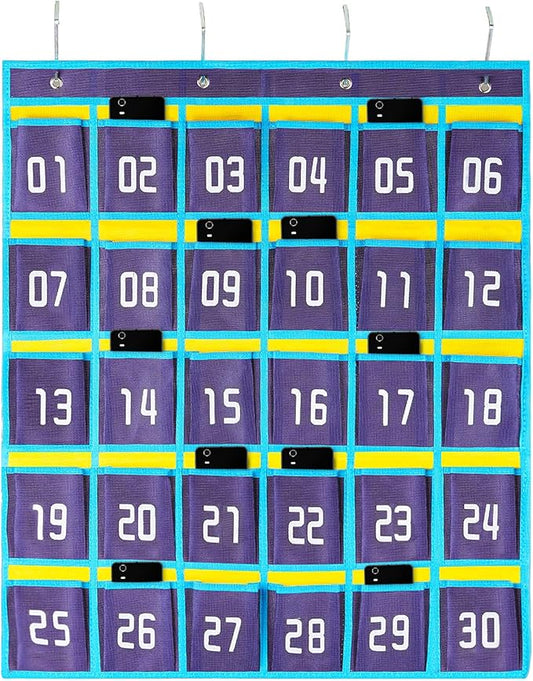 Loghot Classroom Accessories Closet Pocket Chart for Cell Phones Holder Wall Door Hanging Organizer (30 Pockets Blue)