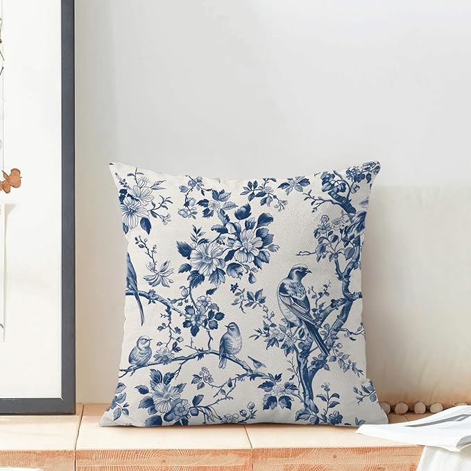Navy Blue Spring Floral Pillow Covers 16 x 16 Inch Set of 2 for Vintage Chinoiserie Flowers Bird Decor Throw Pillows Plant Farmhouse Outdoor Decorative Cushion Cases for Couch Bed Decorations