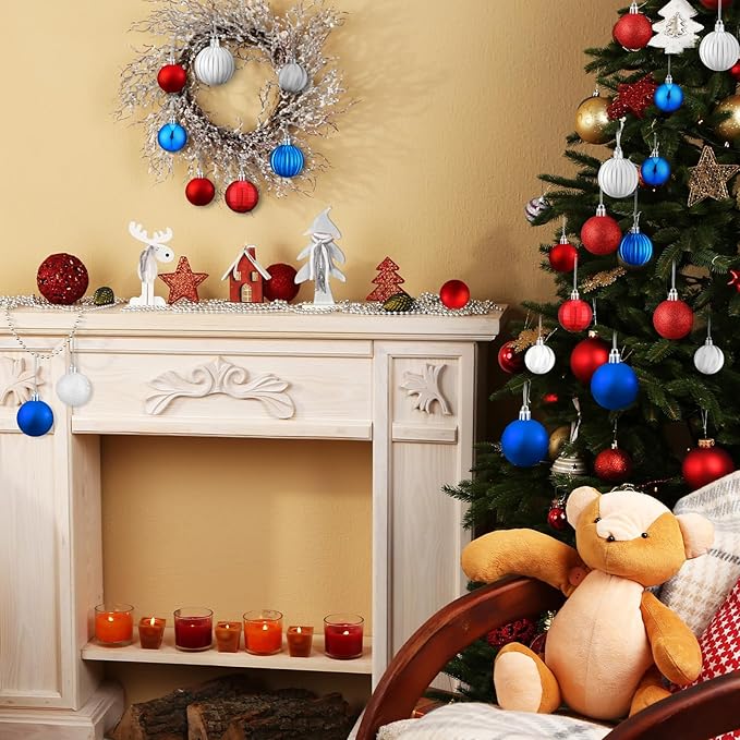 64 Pcs Veterans Day Patriotic Christmas Ball Ornaments Bulk Red White Blue Christmas Tree Ornaments 1.6/1.97/2.4 Inch Xmas Baubles 4th of July Xmas Decorations for Tree Home Wreath Decor