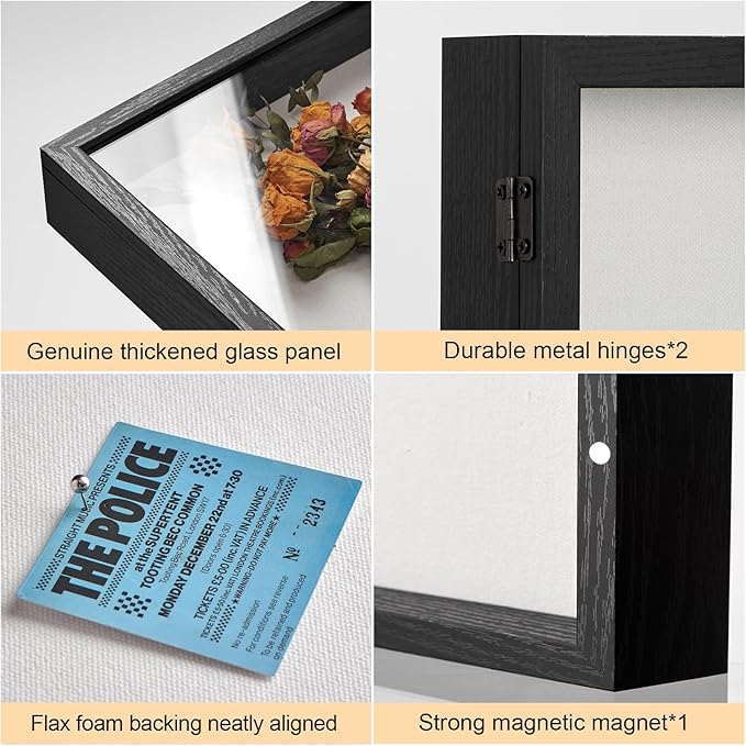 5x5 Deep Shadow Box Picture Frame Display Case with Linen Back ,Real Glass Small Mini Black Shadow Memory Box Frame 5x5 for Insect Display Pet Photo Memorial Flower Art Craft Wall Decor Gift