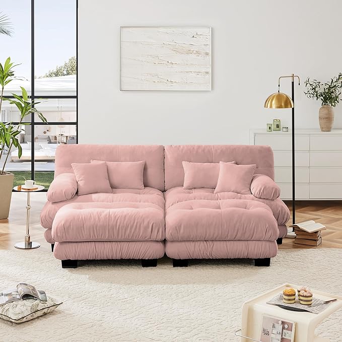 Loveseat Modular Sectional Sofa, U Shaped Couch with Ottoman, Cloud Couch Sectional Couch Home Sofa Living Room Oversized Couch Deep Seat Couch with Round Bolster Armrests 4 Pillows(Pink)