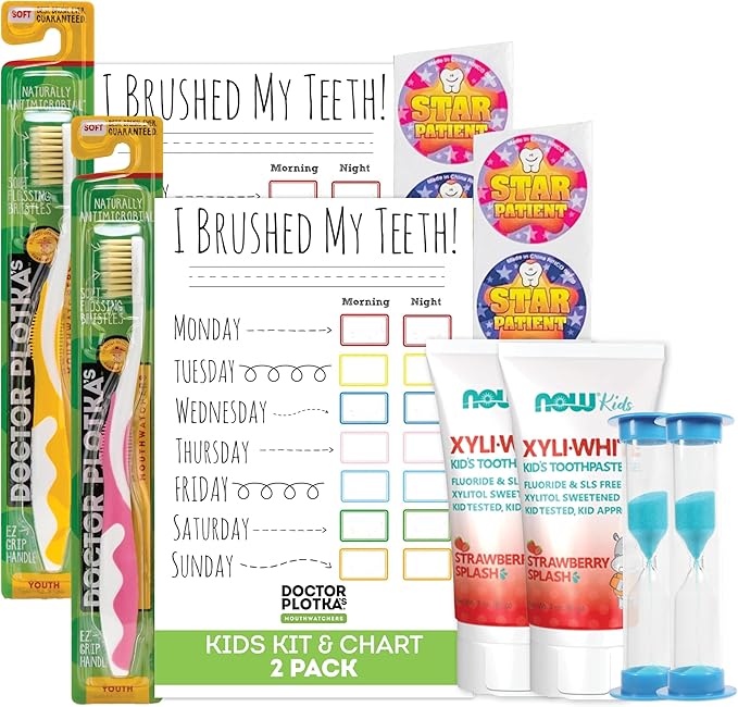 MOUTHWATCHERS Soft Kids Toothbrush, 2 Manual Flossing Toothbrushes and 2 Strawberry Fluoride Free Toothpastes, 3 oz, Gift Set, by Dr. Plotka's