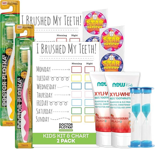 MOUTHWATCHERS Soft Kids Toothbrush, 2 Manual Flossing Toothbrushes and 2 Strawberry Fluoride Free Toothpastes, 3 oz, Gift Set, by Dr. Plotka's
