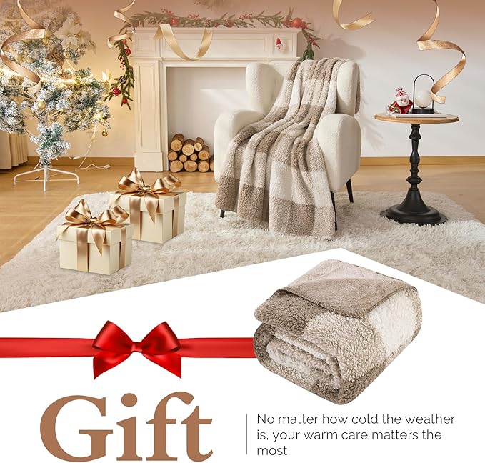LURKA Checkered Sherpa Fleece Queen-Size Bed Blanket - Extra Thick and Warm Winter Soft Fuzzy Plush Blanket for Couches, Beds & Pets, Khaki, 90x90 Inches
