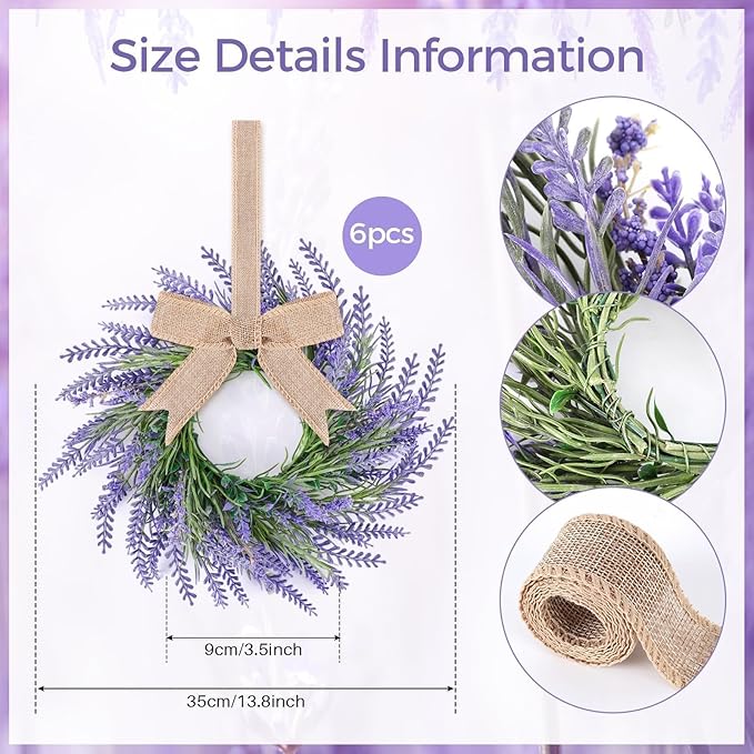 6 Pcs Lavender Candle Ring Pillar Wreaths Mini Purple Wreath Table Centerpieces 9 Inch Wreath for Cabinets Artificial Farmhouse Lavender Wreaths for Front Door Porch Wall Window