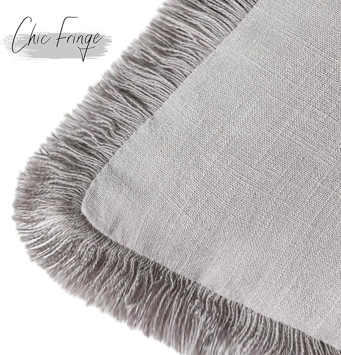 Foindtower Set of 2 Decorative Linen Fringe Lumbar Throw Pillow Covers Farmhouse Cushion Cover with Tassels Accent Pillowcase for Couch Sofa Bed Living Room Home Decor,12×20 Inch,Light Rustic Gray