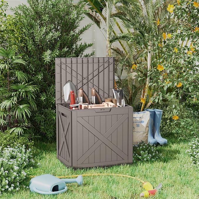 38 Gallon Outdoor Deck Box,Storage Lockable Waterproof Patio Furniture,Garden Tools,Cushions,Pool Accessories Outside Storage Resin Box(GreyX)