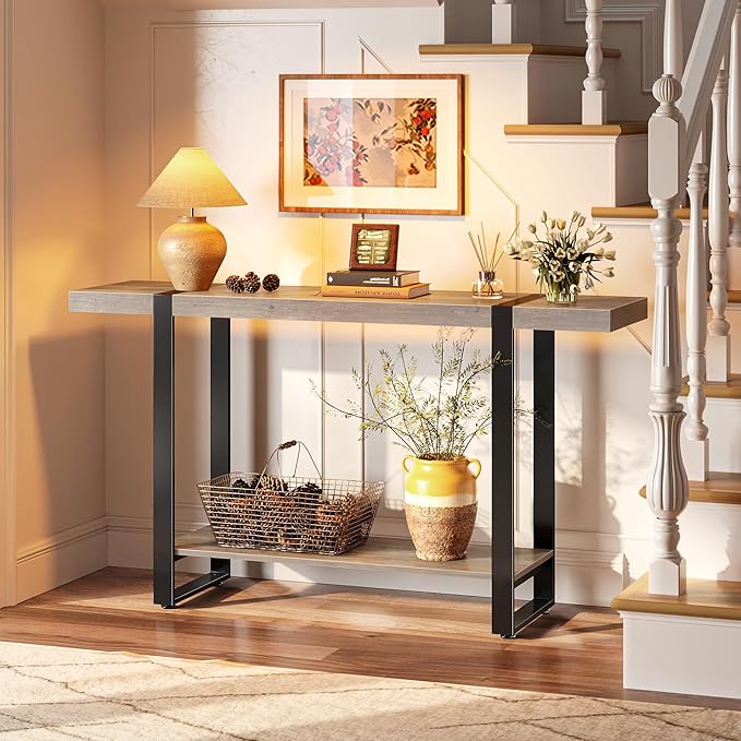 Huuger 47.2 Inch Entryway Table, 2-Tier Industrial Console Sofa Table with Storage, Accent Table, for Entry, Hallway, Entrance, Foyer, T-Shaped Metal Frame, Grey