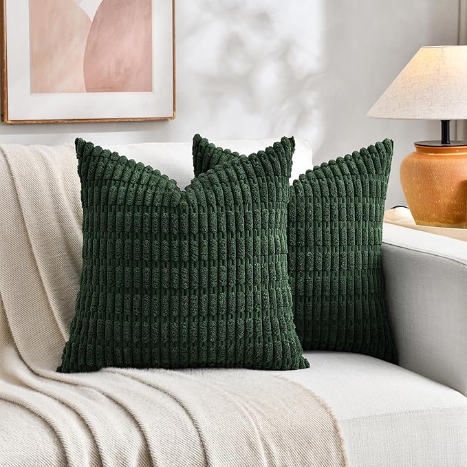 Fancy Homi Set of 4 Green Boho Winter Decorative Throw Pillow Covers 26x26 Inch for Couch Bed Sofa, Aesthetic Modern Bohemian Room Decor, Fuzzy Fluffy Cozy Corduroy Textured Cushion Case 66x66cm