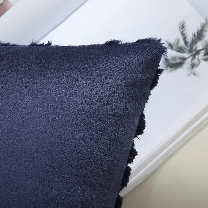 decorUhome Fall Throw Pillow Covers 12x20 Inch Set of 2, Soft Plush Decorative Faux Fur Navy Blue Solid Couch Pillow Covers, Accent Farmhouse Neutral Lumbar Euro Pillow Cases for Sofa Bed Living Room