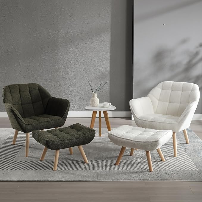Modern Sherpa Accent Chair with Ottoman Set of 2, Fluffy Upholstered Lounge Chair with Footrest, Comfy Living Room Side Boucle Armchair for Small Space Bedroom, White