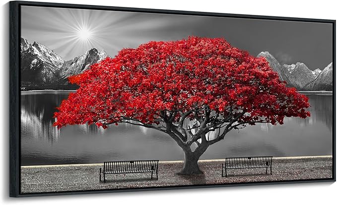 Framed Black and White Red Tree Wall Art Canvas Print Picture Large Red Tree Landscape Modern Artwork for Living Room Bedroom Office Home Wall Decor With 24X48inch