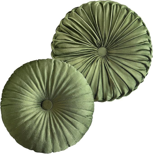 2 Pcs Round Throw Pillows Pleated Velvet Pumpkin Round Pillows Floor Cushion for Living Room Couch Chair Bed Sofa 15.7"x15.7"/13.8" x 13.8" (Olive)