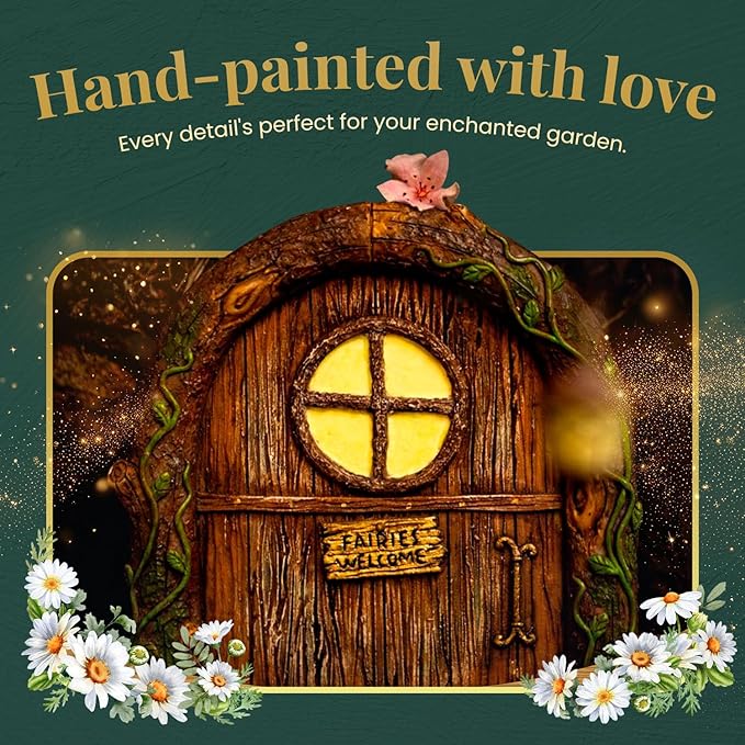 Fairy Door and Windows – Glow in The Dark Yard Art Sculpture Decoration for Kids Room, Wall and Trees Outdoor | Miniature Garden Outdoor Decor Accessories with Bonus Fairy Lantern