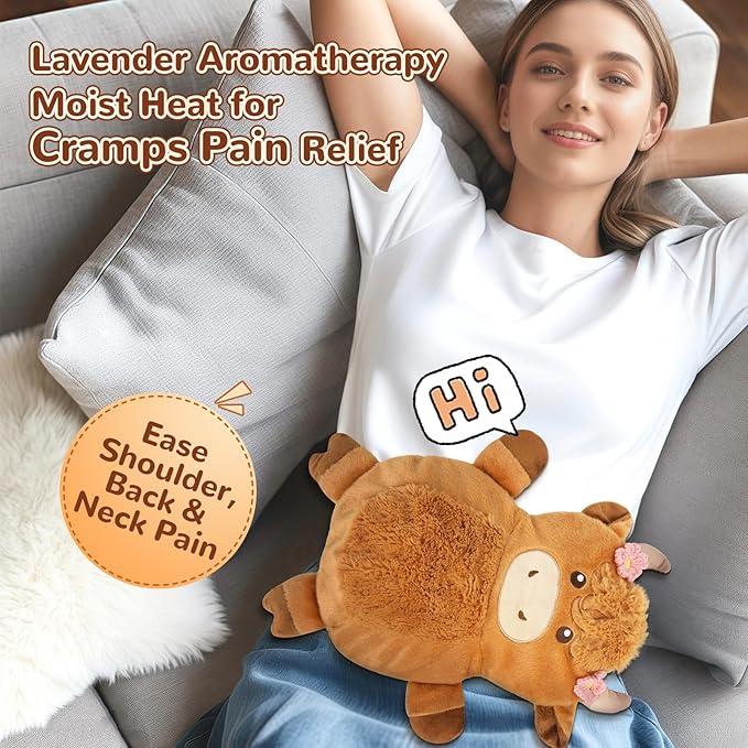 Microwave Heating Pad for Pain Relief, 16" x 12" Microwavable Heating Pads for Cramps, Back Pain, Neck Shoulder, Muscles, Knee, Joints, Natural Heat Pack Moist Heat, Highland Cow with Headdress Flower