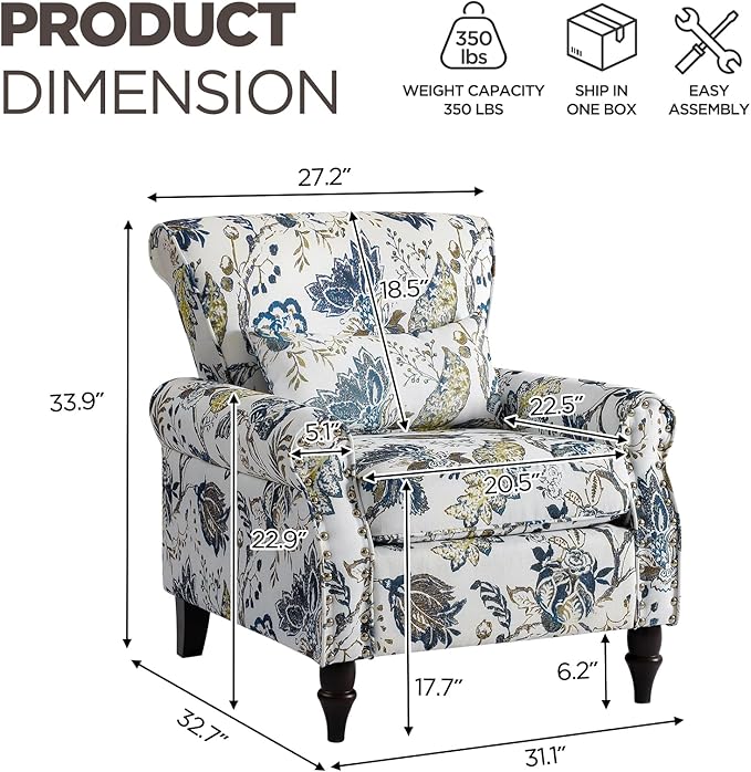 Wingback Accent Chair with Removable Pillow, High Back Floral Armchair with Solid Wood Legs & Nailhead Trim, Comfy Upholstered Reading Single Sofa Chair for Bedroom (2, Blue Floral Pattern)