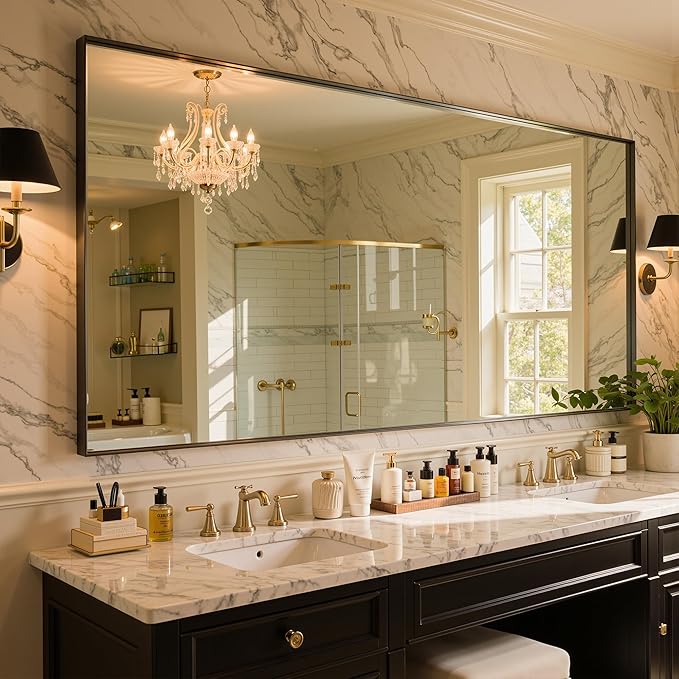 55"x36" Black Framed Bathroom Mirror, Large Rectangular Vanity Mirror, Aluminum Metal Frame, Wall Farmhouse Modern Wall-Mounted Mirrors for Bathroom, Bedroom, Living Room, Over Sink