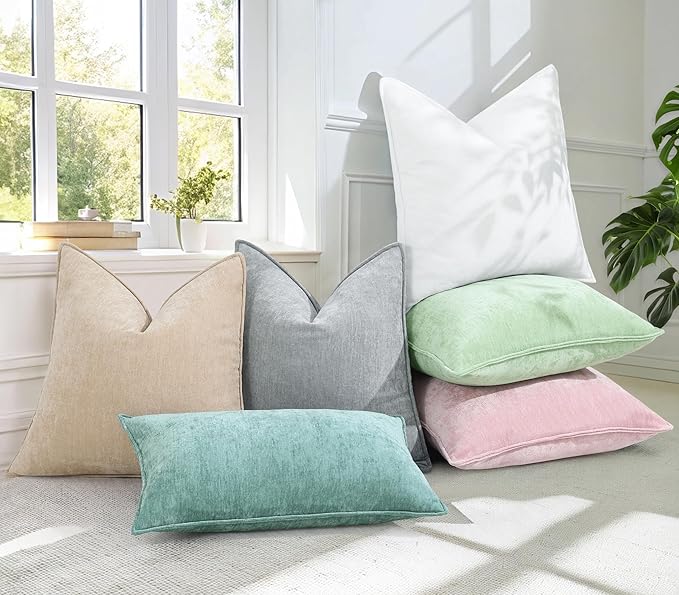 decorUhome Couch Throw Pillow Covers 26x26 Set of 2, Decorative Soft Euro Neutral Chenille Pillow Covers with Elegant Design for Sofa Bed Living Room Home Decor, Beige